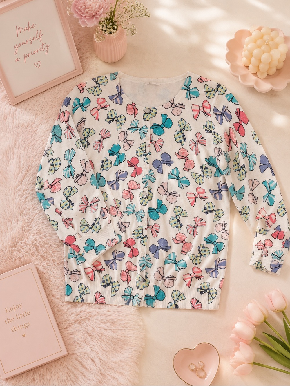 Talbots Bow Print Cardigan Sweater – Size M